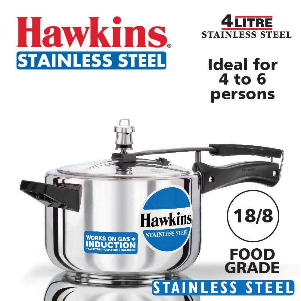 Hawkins Stainless Steel Wide Pressure Cooker, 4 Litres
