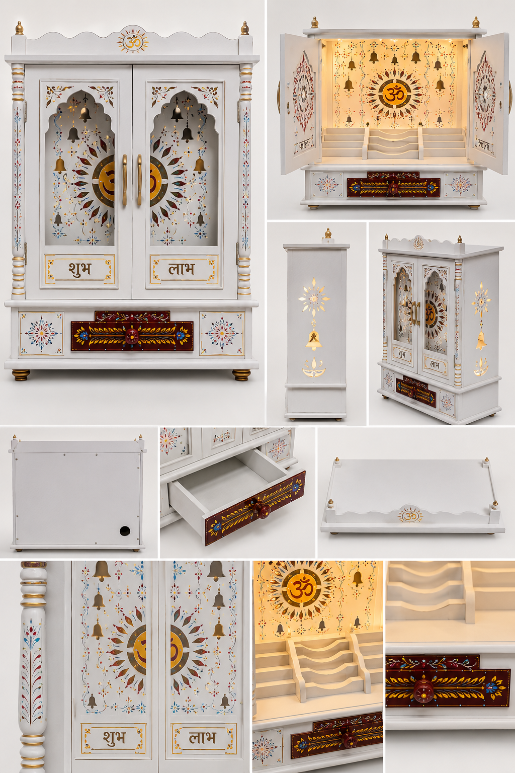Premium Handcrafted Wooden Mandir with LED Lights & Storage Drawer | White Home Temple | Pooja Mandir