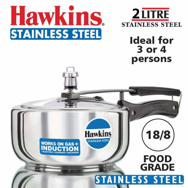 Hawkins Stainless Steel Wide Pressure Cooker, 2 Litres, Silver