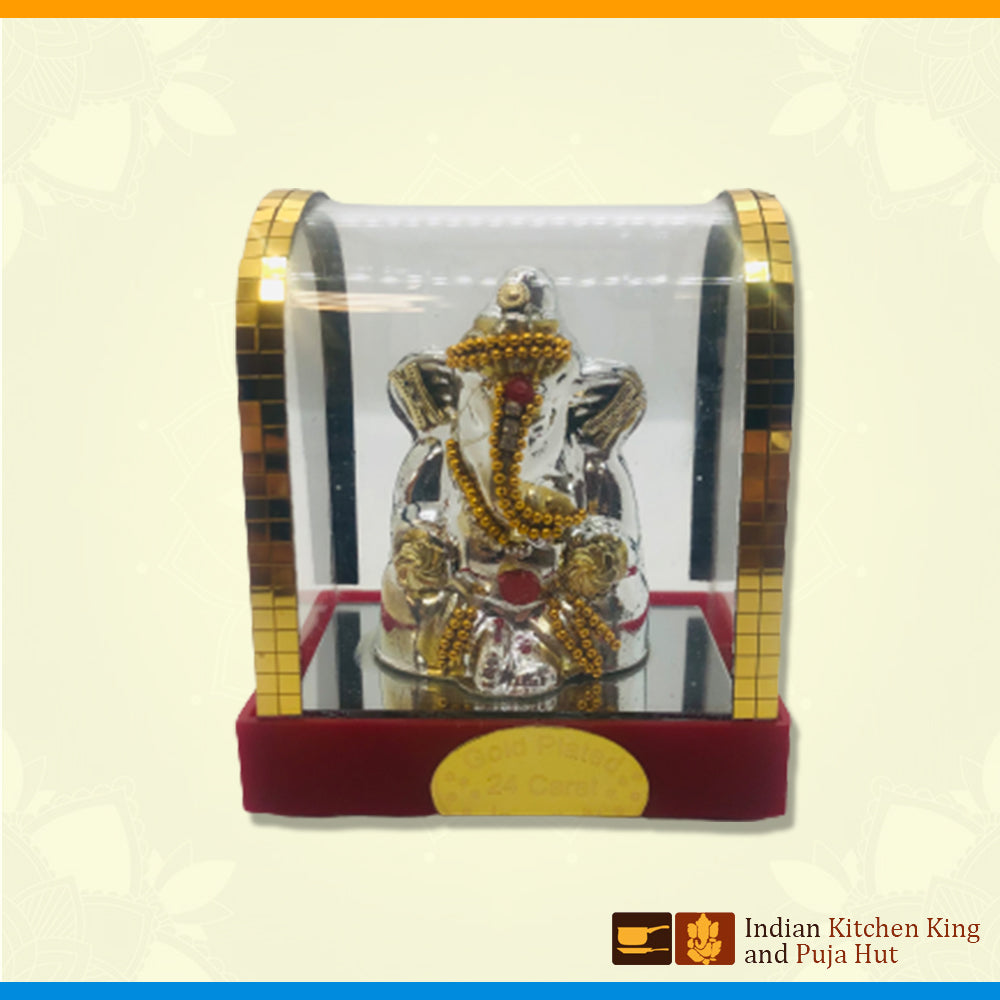 Silver Gold Ganesh With Glass Case (3 Inch )