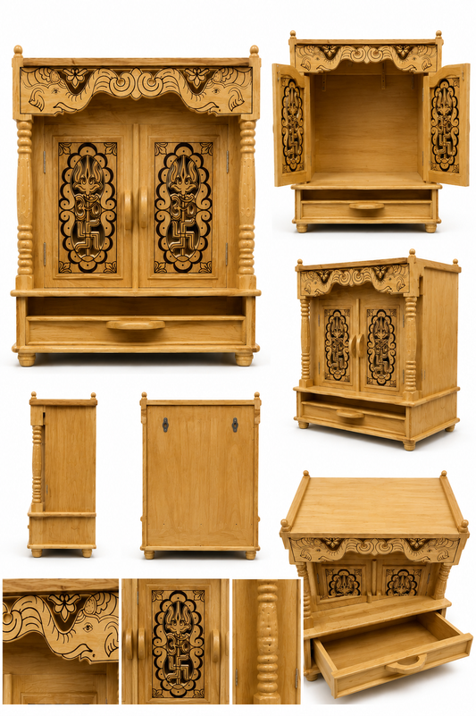 Premium Handcrafted Wooden Home Mandir with Carved Doors & Storage Drawer | Natural Finish Pooja Temple