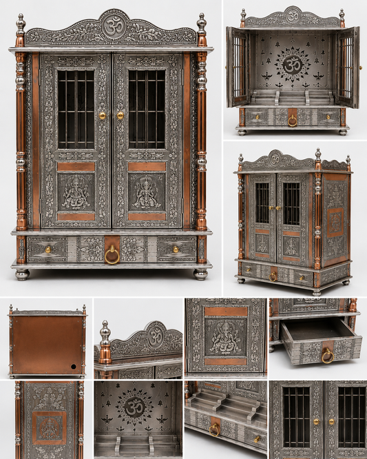 Premium Silver Finish Wooden Mandir with Storage Drawer | Luxury Home Temple for Pooja | Kitchen Puja Hut