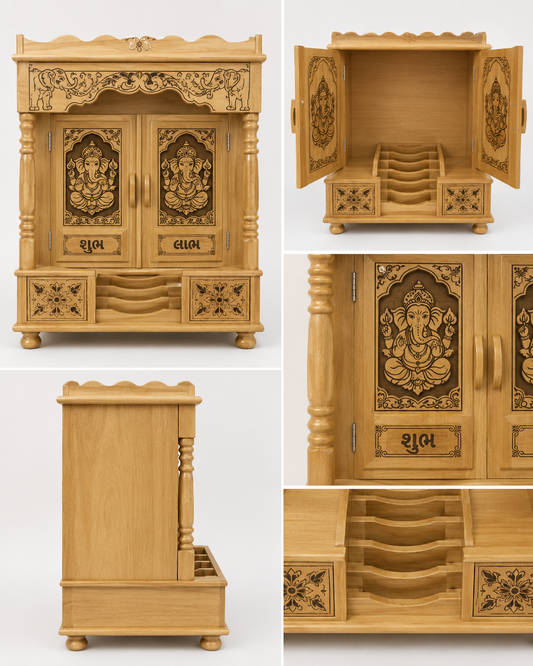 Premium Wooden Home Temple Mandir with Lord Ganesh Carving & Storage Drawers