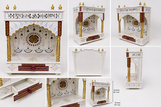Premium Handcrafted Wooden Mandir with LED Lights & Storage Drawer | White Home Temple | Pooja Mandir