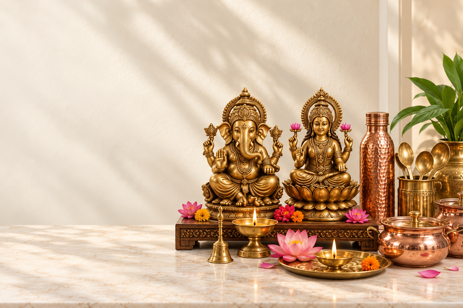 Ganesha and Lakshmi idols, brass diyas and copper kitchenware in warm natural light